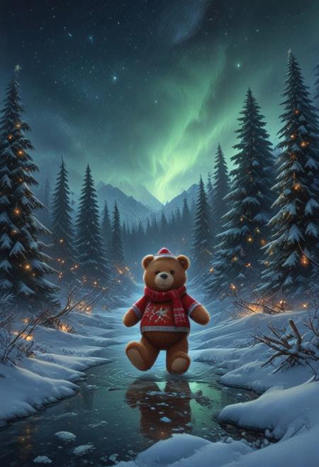 xmastedx, (fine texture, masterpiece, ultra-detailed, very awa, best quality, very aesthetic, absurdres, newest, cinematic lighting, magical atmosphere, rating_safe), BREAK, 
teddy bears, ice skating, group of bears, dynamic poses, soft and fluffy fur, playful expressions, some spinning, others forming a line, BREAK,
wearing colorful scarves, holiday hats, and cozy winter sweaters, some with mittens and boots, BREAK,
frozen lake under a starry sky, glowing Christmas lights strung between nearby trees, faint reflections of the lights on the ice, snow-covered landscape in the background, BREAK,
Northern Lights glowing softly in the sky, a whimsical and magical atmosphere, vibrant and festive lighting, BREAK
