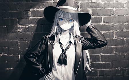 (best quality, masterpiece),  (1girl, solo, loosed black jacket, expression face, walking, looking at viewer, fedora, blue eyes, plain white shirt, long straight hair, closed mouth, surrender position, upper body,), (heavy Monochrome, brick wall background, illuminated by flashlight),