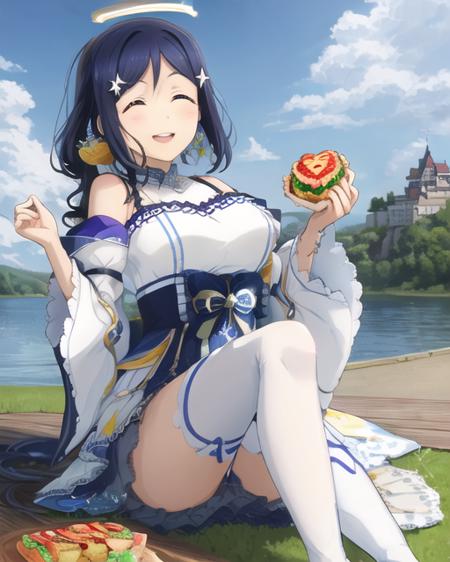 matsuura_kanan, <lora:kanan_v1-000008:0.8>, (light blue hair:1.2), burger, masterpiece, best quality, 1girl, solo, paimon \(genshin impact\), face closeup, (eating hamburger, large burger:1.2), two hands, smile, happy, open mouth,
long sleeves, white dress, dress, halo, thighhighs under boots, single thighhigh, bangs, boots, hair between eyes, white footwear,  white thighhighs, blue hair
detailed background, outdoor,  sky, dandelion, butterflies, castle on lake, (closing eyes:1.2)