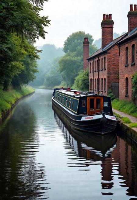 Parrish, Yorkshire canal, canal boat docked at water’s edge, gently rippling water, canal banks dotted with lush trees, traditional Yorkshire industrial buildings, weathered brick facades, vintage chimneys, rustic charm, nostalgic, cinematic lighting, ultra-detailed, hyper-realistic, serene atmosphere, early morning mist, reflective water, high resolution