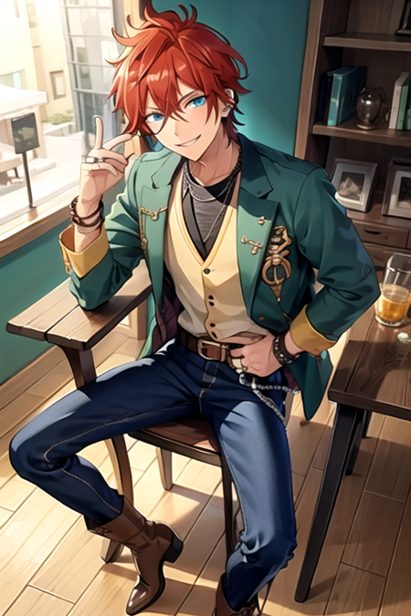 <lora:RinneAmagi-05:0.7> ,rinne, solo, looking at viewer, smile, blue eyes, 1boy, jewelry, jacket, male focus, red hair, boots, belt, pants, necklace, vest, bracelet, window, chain, chair, ring, green jacket