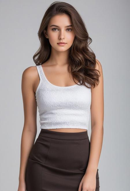beautiful 20 years old Super Model, amazing wavy laight brown hair, brown eyes, perfect beautiful face, realistic skin textur, proportional posture, perfect medium size breast, no bra, tank top, mini skirt, full body shot