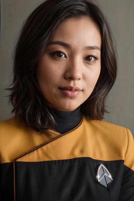 1girl, Asian, beautiful, 25yo, light Blonde Hair, (close up:1.4), ((headshot)),  yellow pcdst uniform, long sleeves, blurry background<lora:STPicardUniforms:0.8>
