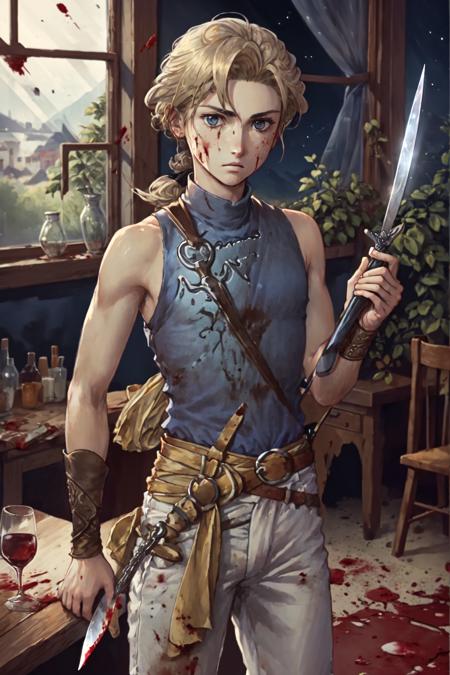 JowyAtreides, blue shirt, white pants, yellow belt, sleeveless,  1boy, solo,   blonde hair, low ponytail, standing, (holding bloody knife:1.2),  sad, carpet, window, table, wine glass,  night, night sky, <lora:JowyAterides_Suikoden2V1.1:1>