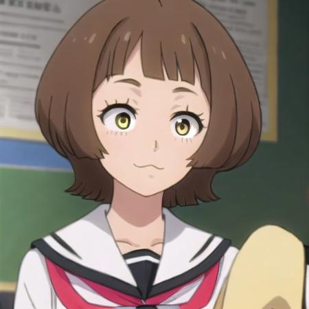 avant-title_cat_girl, :3, yellow eyes, brown hair, short hair, masterpiece, best quality,, school, classroom,