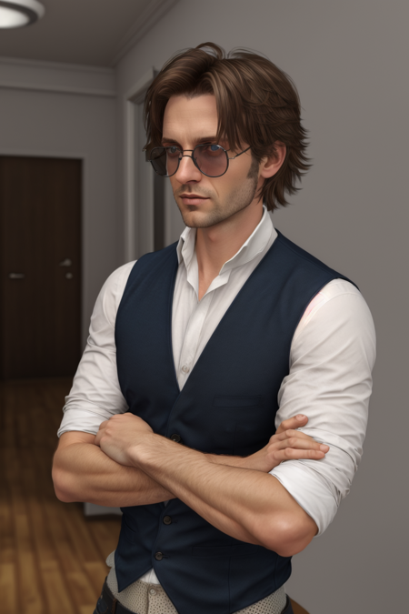 <lora:SimonPetrikov-000009:0.5> Simon Petrikov, solo, short hair, blue eyes, brown hair, shirt, 1boy, white shirt, upper body, male focus, parted lips, glasses, indoors, vest, lips, sunglasses, sleeves rolled up, black vest, realistic