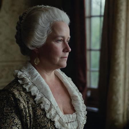 front shot, portrait photo of (( Martha Washington)) , looks away, natural skin, skin moles, cozy interior, 17th century attire, (cinematic, film grain:1.1)