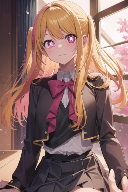 rubyhoshino, <lora:rubyhoshino-lora-nochekaiser:1>, 
ruby hoshino, (yellow hair:1.5), long hair, one side up, (pink eyes:1.5), sidelocks, (star-shaped pupils:1.5), (symbol-shaped pupils:1.5), (mismatched pupils:1.5),
BREAK black vest, blue jacket, bow, bowtie, collared shirt, cropped jacket, jacket, kneehighs, long sleeves, pink bow, pink bowtie, pleated skirt, school uniform, shirt, skirt, socks, vest, white shirt, white socks, youtou high school uniform,
BREAK looking at viewer,
BREAK indoors, classroom,
BREAK <lyco:GoodHands-beta2:1>, (masterpiece:1.2), best quality, high resolution, unity 8k wallpaper, (illustration:0.8), (beautiful detailed eyes:1.6), extremely detailed face, perfect lighting, extremely detailed CG, (perfect hands, perfect anatomy),