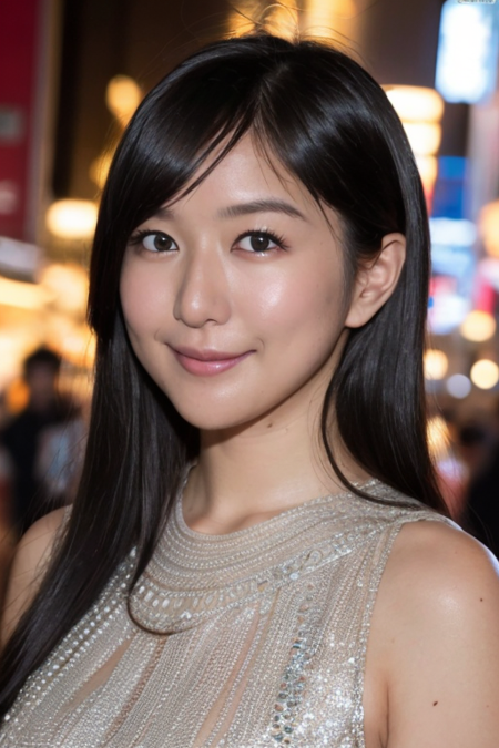 1girl wearing glamorous dress, at Shibuya city center,(RAW photo, best quality), (realistic, photo-realistic:1.4), masterpiece, an extremely delicate and beautiful, extremely detailed, 2k wallpaper, Amazing, finely detail, extremely detailed CG unity 8k wallpaper, ultra-detailed, highres, soft light, beautiful detailed girl, extremely detailed eyes and face, beautiful detailed nose, beautiful detailed eyes,perfect anatomy,soft light,slender body,city lights at night,smiling