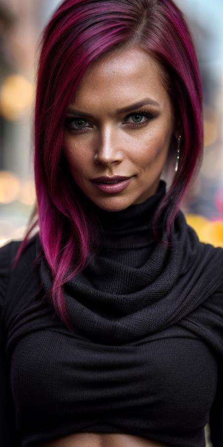 portrait of anna_bell_peaks, (1girl),
(closeup portrait),
((front view)), ((full-body)),
((best quality)), ((masterpiece)), ((hyper-realistic)), (ultra-detailed), photo, high quality,
looking at the viewer,
hands apart,
wearing  ((black cowl turtleneck)),  roll_up_sleeves,
wearing a (((black:1.2) pants)), 
wearing a ((belt)),
walking pose,
makeup, mascara,
(street),
(bokeh),(detailed), (intricate), (cinematic lighting), (sharp focus on eyes), (skin texture:1.2),
((highly detailed face, realistic skin texture)),
sharp focus,
fujifilm xt3, natural skin texture, by holly randall,
<lora:anna_bell_peaks:0.8>, <lora:add_detail:0.4>, <lora:more_details:0.5>,