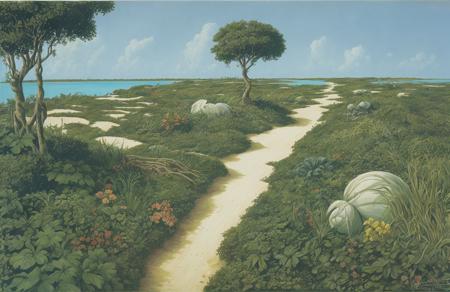 style of Roger Dean, parcel ,hedgerow,thicket ,clump ,yard ,plot , Atoll ,