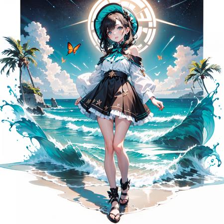 (white background:1.5), (circle:1.0), Gacha Splash fantasy, high quality fingers, normal hands, detailed fingers, masterpiece, (22 years old woman), medium breast, small waist, brown flowing hair glamour, (green glowing eyes), beautiful face, perfect illumination, beautiful detailed eyes, looking at viewer, stunningly beautiful woman, detailed hairstyle, (ocean, sea waves, water splashes, sky, light particles, butterflies, night, starry sky), (wearing flowing skirt and over-sized shirt with shoulders showing), ((full body shot, standing)), <lora:lihui4JXK-b2-bf16-128-128-1-re1-ep3-768-DA-5015fix:1:Gacha>