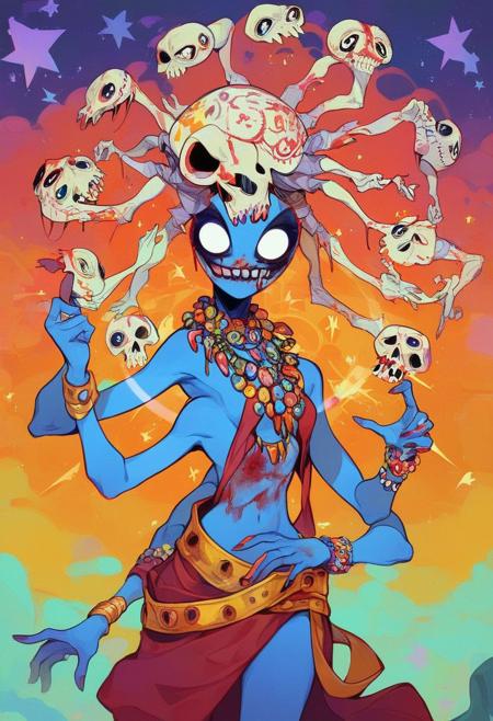 score_9, score_8_up, score_7_up, hindu goddess dancing in the swirling cosmos, wild dance kicking and flailing, aspect like a slender alien, radiating their awesome godlike might, strange woman, big eyes, dark blue skin, white eyes, golden jewelry,( a belt of skulls, a necklace of severed bloody heads:1.3), four arms, inhumanly thin, kaleidoscopic swirl of stars and nebulae in the background, mcnm,