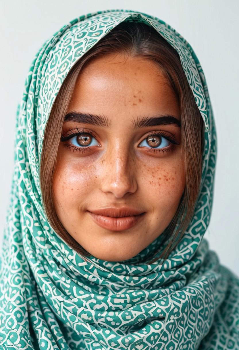 a woman realstic with brown hair ,hazel blue eyes , brown skin , light freckless ,influencer instagram, belarusian, hijab