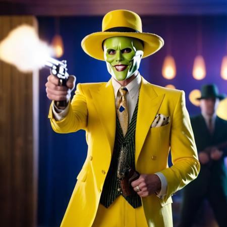 cinematic film still of  <lora:jim carrey the mask:1.2>
jim carrey the mask in a yellow suit and hat holding a revolver gun, shallow depth of field, vignette, highly detailed, high budget, bokeh, cinemascope, moody, epic, gorgeous, film grain, grainy