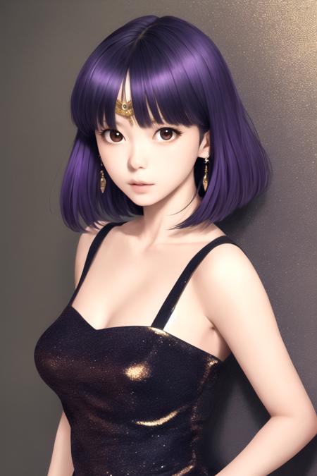 masterpiece, best quality, 1girl,  photo of realistic tomoe hotaru, (gold tiara on her forehead),  (tiara), short hair, black purple hair, bangs, (black dress), looking at viewer, parted lips, purple eyes, full body, black background
 <lora:SailorSaturnV1:1>