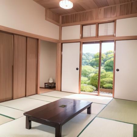 best quality, ultra-detailed, illustration,
washitsu, scenery, table, tatami, door, sliding doors, indoors, tree, window, architecture, realistic, photo (medium), photo background
 <lora:JAPAN_Scenery_Washitsu_SD15_V2:1>