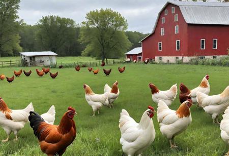 chickens in a field, vintage red farmhouse, big rustic antique farmhouse
