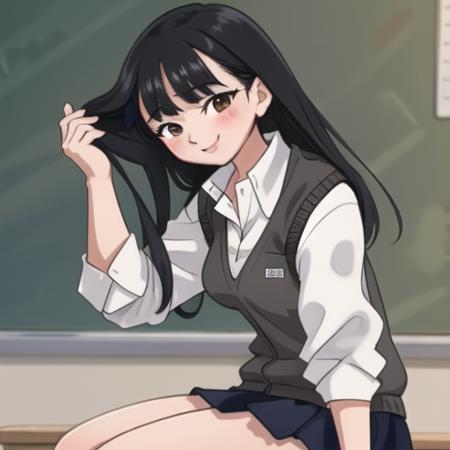 masterpiece, best quality, high quality, <lora:yamada-v2-06:1>, sw3ater, 1girl, sweater vest, black hair, sitting, side view, blushing, smile, classroom