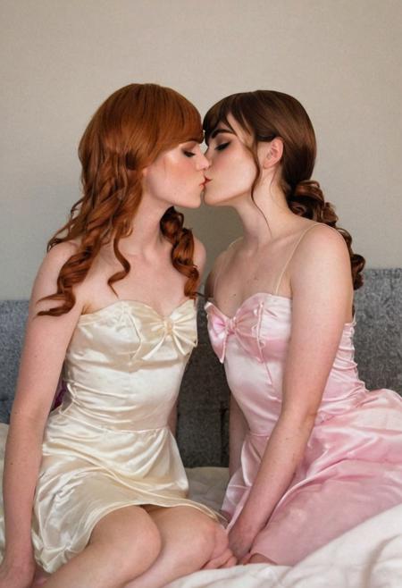 two cute skinny crossdressers, light freckles, slight smile, (lesbian kissing:2), touching
high contrast flash photography, night time, lying next to each other in bed, cheap motel, body hair
(light makeup:1.2)
loose (satin:2) retro prom dresses, ribbons, lace trim