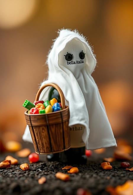 A tiny, adorable fuzzy WINE BOTTLE (LABELED "bella italia" ON TEXT), dressed in a miniature ghost costume, balances a tiny, wooden candy pail on its back. The pail, overflowing with a colorful assortment of Halloween treats, seems to be the WINE BOTTLE's pride and joy. The WINE BOTTLE's ghost costume, a flowing, white sheet with a tiny, hooded head, is perfectly proportioned to its fuzzy, WINE BOTTLE body. The WINE BOTTLE's eyes, two shining, black jewels, sparkle with a mischievous, playful glint, as if it's waiting for a trick-or-treater to come and claim its candy. The air is filled with the scent of sweet, sugary treats and the distant hint of autumn leaves, making the WINE BOTTLE's ghostly gathering seem all the more fun and adorable. highest-Quality, intricate details, visually stunning, Masterpiece