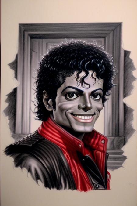 mjthriller portrait of smiling michael jackson in a dark alley, intricate detail, detailed face, very sharp, high quality, (drawing by jack kirby)  <lora:hjmjthriller_v10-000003:0.8>