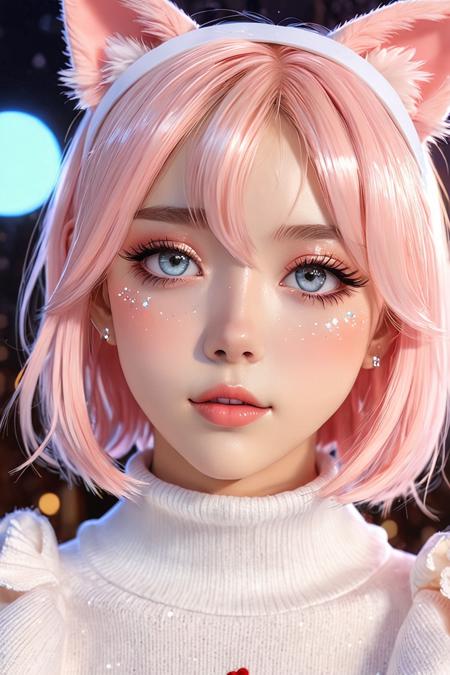 masterpiece, best quality, ultra-detailed, kawaii anime femboy, pretty boy, feminine and cute, soft androgynous face, big sparkly eyes, long eyelashes, light blush, glossy lips, slim neck, delicate features, small nose, pastel hair, cat ear headband, soft lighting, frilly choker, oversized turtleneck sweater (sleeves covering hands), camera-facing pose, close-up portrait, dreamy bokeh background, heart sparkles, upper body only, anime screencap, soft cel shading, boyish frame, feminine styling