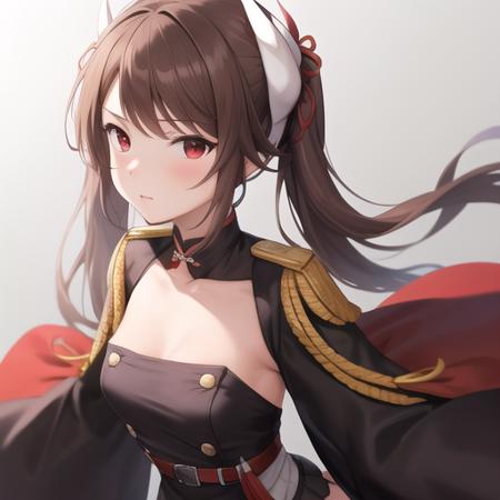 (masterpiece, best quality:1.2),absurdres,highres,1girl,solo,upper body,(portrait:1.2),haruna (azur lane),bangs,belt,belt buckle,black dress,black thighhighs,brown hair,collarbone,eyebrows visible through hair,long hair,long sleeves,loose belt,oni horns,red eyes,short dress,swept bangs,tassel,twintails,white belt,white gloves,wide sleeves,zettai ryouiki,<lora:Haruna(azur)>,