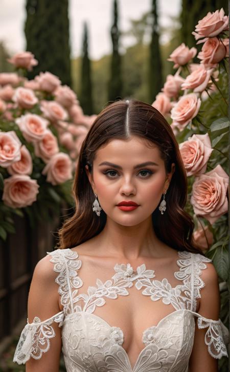 ((Selena_Gomez_model ))  <lora:Selena_Gomez_model:.9>
(8k, RAW photo, best quality, ethereal portrait masterpiece), portrait, lace dress, rose_garden, depth_of_field,  hyperrealistic,  blurry background, <lora:ReaLora:.8>