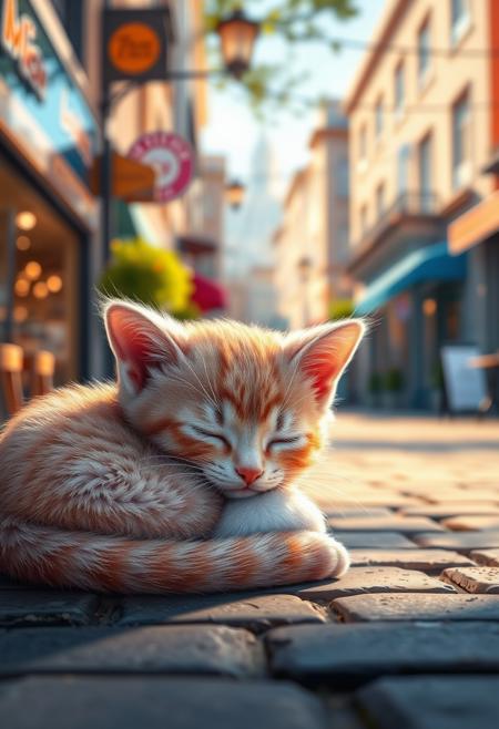 Pixar inspired poster, A perfect masterpiece art by pixar disney,  Digital painting of a cute young pinkish kitten curled sleeping on the ground, paved street, close up, basking in the morning sun, cute cozy atmosphere, shops can be seen in the background, magical fantasy city, life-like masterpiece realitic photo, hyper realistic, A photogenic soft scene, digital 4k art, bokeh, depth of field, detailed eyes, 4K, vivid, extremely detailed, perfect anatomy, maximalist, dynamic, absurdres, 8k photography, three point perspective, Ultra-realistic, Hyperrealism