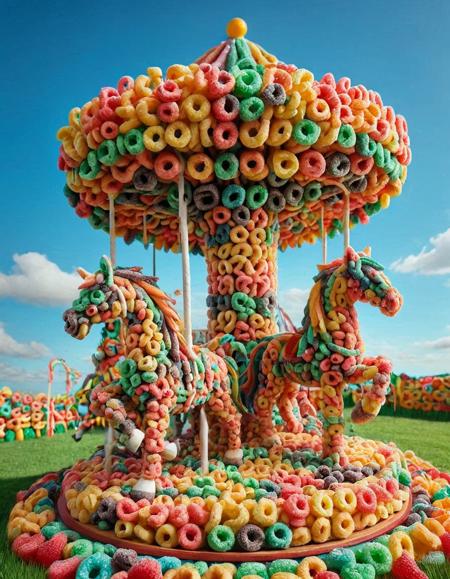 A carnival carousel with horses and decorations made of fruit loops, spinning under a sunny sky. <lora:FruitLoopStyle:1>