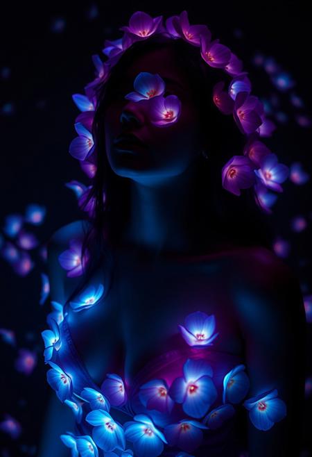 NSFW, (Soft Lighting Photography by Mimoza Veliu and Mario Giacomelli:1.2), (dark mood masterpiece Photography by Mario Giacomelli:1.2),NSFW, high quality, 8K Ultra HD, beautiful and sexy Bioluminescent woman with a slim figure medium teardrop breasts, beautiful flowing Bioluminescent flowers forming a beautiful woman, full depth of field and realistic textures, colorful, atmospheric haze, Film grain, cinematic film still, highly detailed, high budget, cinemascope, moody, epic, OverallDetail, gorgeous, 2000s vintage RAW photo, photorealistic, candid camera, color graded cinematic, eye catchlights, atmospheric lighting, imperfections, natural, shallow dof