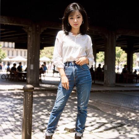 1girl, solo,(full body:1.5) ,Teresa Teng, Teresa_Teng,black eyes, black hair, shirt,earrings, standing,steaming body,(standing),(shiny skin),(smiling:1.1),(((Traveling in Paris, France))),((Mottled light and shadow,warm light ,depth of field)),Wide angle view,1980s Taiwanese style,(((posing for a photo))),<lora:myv3TeresaTeng32:0.7>,<lora:FilmG2:0.5>, (8k, RAW photo, best quality, masterpiece:1.2), (realistic, photo-realistic:1.37), (extremely detailed CG unity 8k wallpaper),high detail RAW color photo of a 30 y.o women, (highres), ultra realistic, hyperrealistic, (high detail face), young woman,beautiful face, looking at viewer, perfect face, detailed hair , perfect body,professional lighting, photon mapping, radiosity, physically-based rendering, ultra-detailed, extremely detailed, beautiful detailed girl, extremely detailed eyes and face, cinematic lighting, perfect fingers, perfect hands, perfect legs, cinematic lighting, extreme details, realistic skin