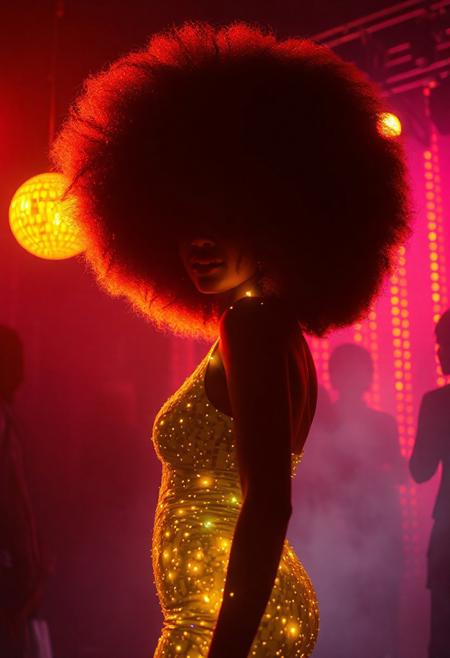A double exposure image featuring a glowing silhouette of a standing Black woman with a huge perfectly shaped afro from the 1970s with ethereal illumination. The scene blends a 1970s disco nightclub within the woman, creating a stunning, otherworldly energy. dramatic disco lighting, 3D render, conceptual art.