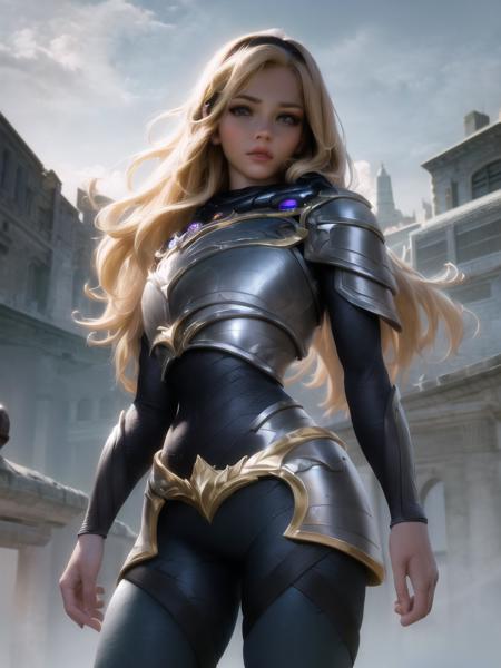 best quality, ultra high res, (photorealistic), realistic, intricate high detail, outdoor lighting, detailed, dramatic, vibrant, 8k hdr, dslr, lux, luxanna crownguard, league of legends, cowboy shot, looking at viewer, 1girl, solo, blonde hair, blue eyes, blue pants, blue bodysuit, bodysuit, impossible bodysuit, brown hairband, hairband, long hair, long sleeves, sapphire, standing, breastplate, pauldrons, armor, gold trim, shoulder armor <lora:lux-000016:1>