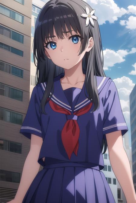 satenruiko, <lora:ruiko saten s3-lora-nochekaiser:1>, 
saten ruiko, black hair, blue eyes, long hair, hair ornament, flower ornament,
BREAK blue skirt, pleated skirt, sakugawa school uniform, school uniform, serafuku, skirt, summer uniform,
BREAK outdoor, city, sky, sun, clouds,
BREAK looking at viewer, (cowboy shot:1.5),
BREAK <lyco:GoodHands-beta2:1>, (masterpiece:1.2), best quality, high resolution, unity 8k wallpaper, (illustration:0.8), (beautiful detailed eyes:1.6), extremely detailed face, perfect lighting, extremely detailed CG, (perfect hands, perfect anatomy),