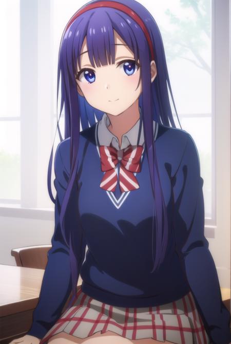 mikotoasuka, <lora:mikoto asuka s1-lora-nochekaiser:1>,
mikoto asuka, long hair, blue eyes, blue hair, hairband, red hairband, smile,
BREAK skirt, bow, school uniform, pleated skirt, bowtie, sweater, plaid, plaid skirt,
BREAK indoors, classroom,
BREAK looking at viewer,
BREAK <lyco:GoodHands-beta2:1>, (masterpiece:1.2), best quality, high resolution, unity 8k wallpaper, (illustration:0.8), (beautiful detailed eyes:1.6), extremely detailed face, perfect lighting, extremely detailed CG, (perfect hands, perfect anatomy),