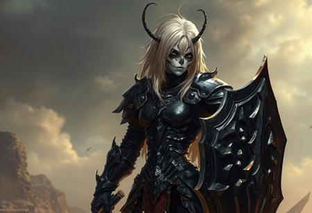 A sexy blonde Skullknight in dark souls-inspired black armor, with a sword and shield, is depicted in a detailed, anime-style artwork. The Skullknight, resembling the Lord of Cinder, has a spoon-like slim figure and wears lamellar armor. Set against a spacious background, the anthro character exhibits insect-like features. The hyper-realistic, 8K render boasts golden ratio proportions, intricate details, and dim volumetric lighting, showcasing the character's spines, nerves, and veins. This artwork is trending on ArtStation, reflecting the styles of renowned artists like Thomas Kinkade, Ellen Jewett, Krenz Cushart, and Beeple.