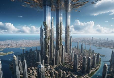 masterpiece, 8k, high quality, ultra detail, ultra realistic, exquisite detail, a large floating city suspended in the air by a large pillar in its center, km high, hundreds of skyscrapers, suspended in space, crashed sky, cinematographic lighting, volumetric lighting, hdr, ssao,