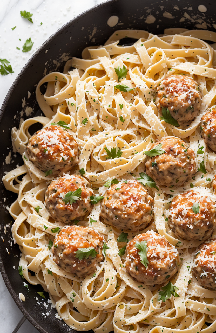 a creamy fettuccine pasta with fresh parmesan and meatballs, food photography,closeup