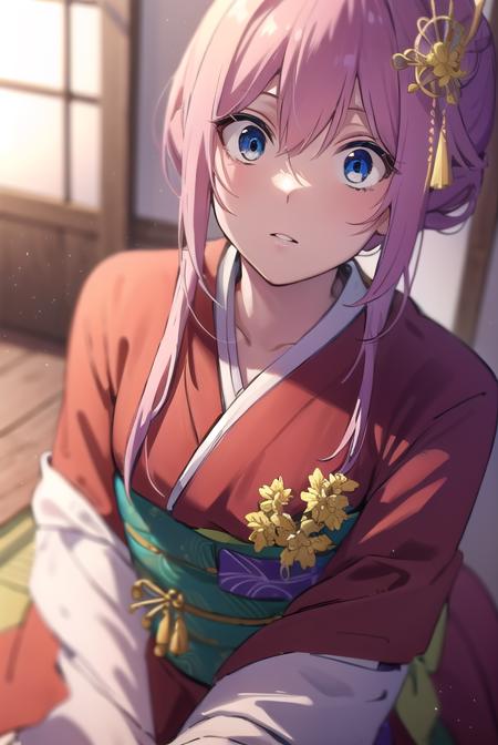 kayo sudou, blue eyes, pink hair, long hair, flower, green sash, hair ornament, japanese clothes, kimono, obi, red kimono, sash,