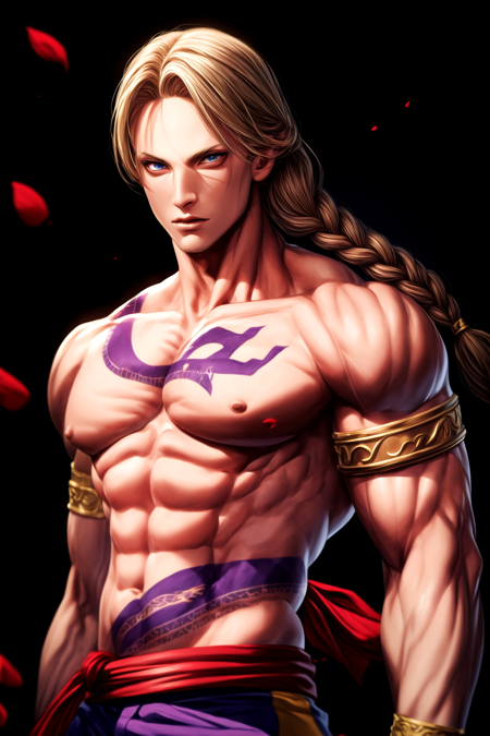 vega \(street fighter\), single braid, topless male, mask, 1boy, tattoo, armlet, red sash, claw \(weapon\), purple pants, wrist cuffs, shoes