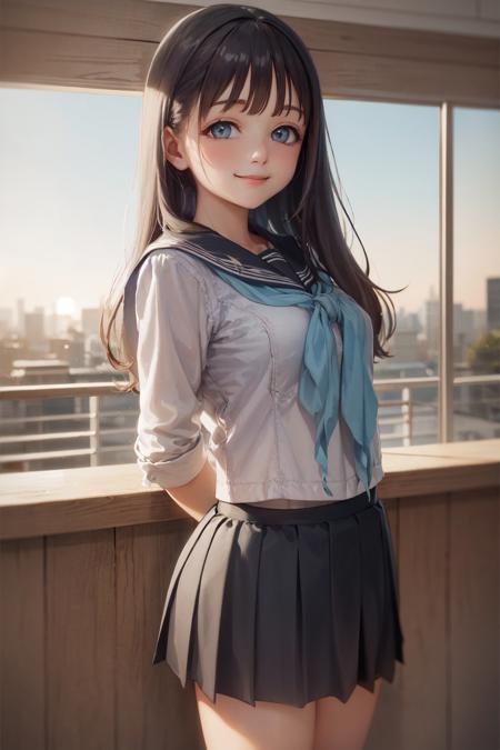 (masterpiece, best quality:1.2), <lora:akebissailoruniform_akebi-10:1>, cowboy shot, solo, 1girl, akebi komichi, smile, closed mouth, looking at viewer, arms behind back, school uniform, serafuku, pleated skirt