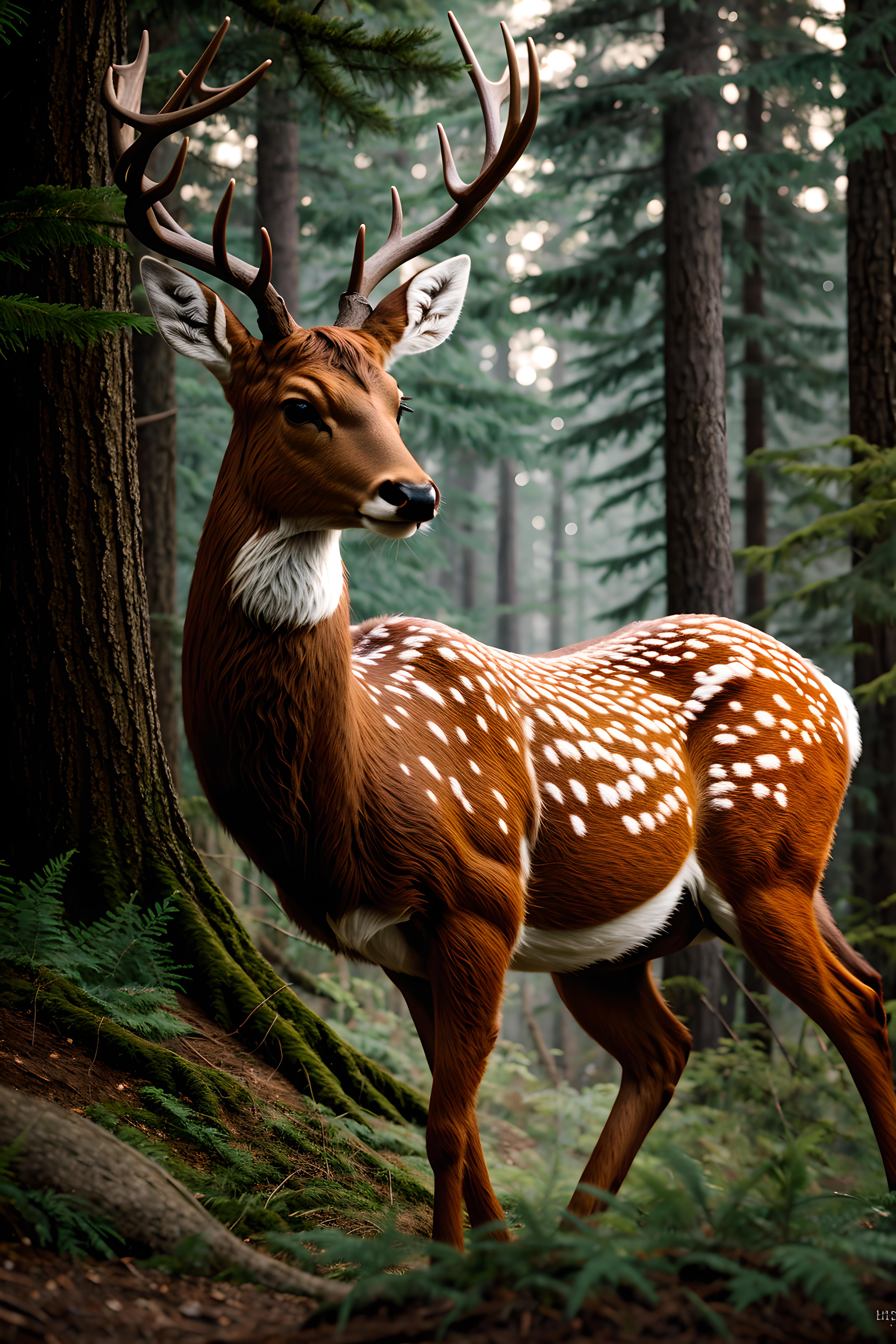 A deer with antlers standing in a forest.