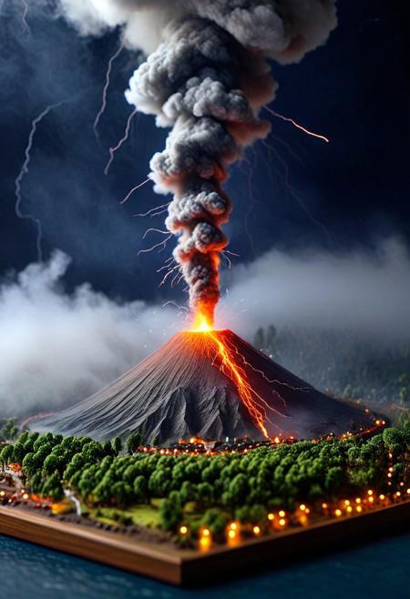 Tilt shift photography style,  Diorama page, The volcano is erupting, Lightning in the plume, night, ( Unmanned:1.2), thick fog,
