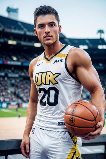 ((masterpiece)), ((best quality:1.2)), High Resolution, 8k, (ultra_realistic:1.3), (photorealistic:1.4), (instagram model, handsome:1.2), sharp focus, a photo of (nicktopelkm), wearing basketball uniform jersey, in a stadium, playing basketball, gym, ((looking at viewer)), <lora:NickTopelKM:0.8>