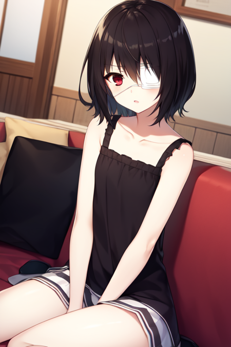 misakimei, eyepatch, 1girl, solo, casual, sitting, living room