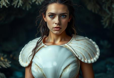 A portrait of a woman adorned with a massive, smooth seashell breastplate that covers her upper body, its surface polished to a pearly sheen. Her hair is interwoven with delicate strands of glowing seaweed. Behind her, an underwater cave is illuminated by soft, bioluminescent corals and plants.