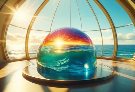 Expressionism, an endless ocean within a massive glass dome, bathed in radiant sunlight and vibrant colors, hyperreal, 75mm, Technicolor, Panavision, cinemascope, sharp focus, fine details, 8k, HDR, realism, realistic, key visual, film still, cinematic color grading, depth of field, natural beauty, highly detailed, refined, defined, follow negative prompts