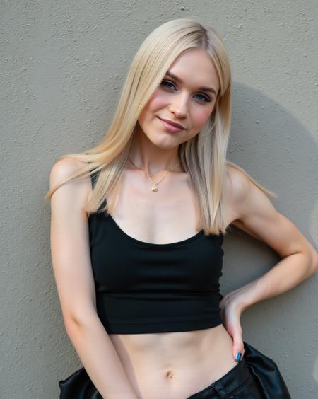 photoshoot of Gabriela Skyrpan, blonde hair, black tanktop, professional headshot.